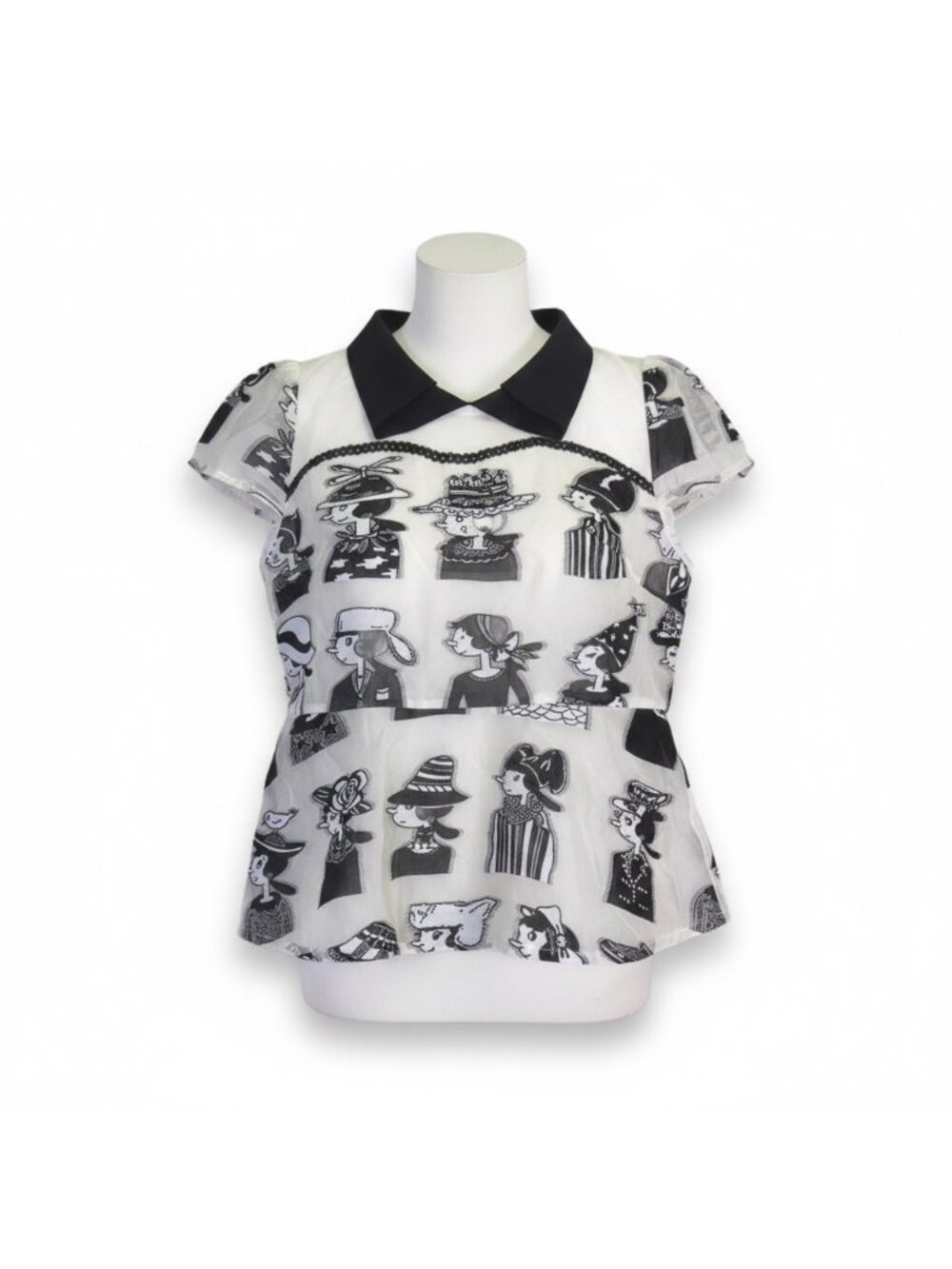 Black & White Short Sleeve Sheer Collared Graphic Print Womens Top